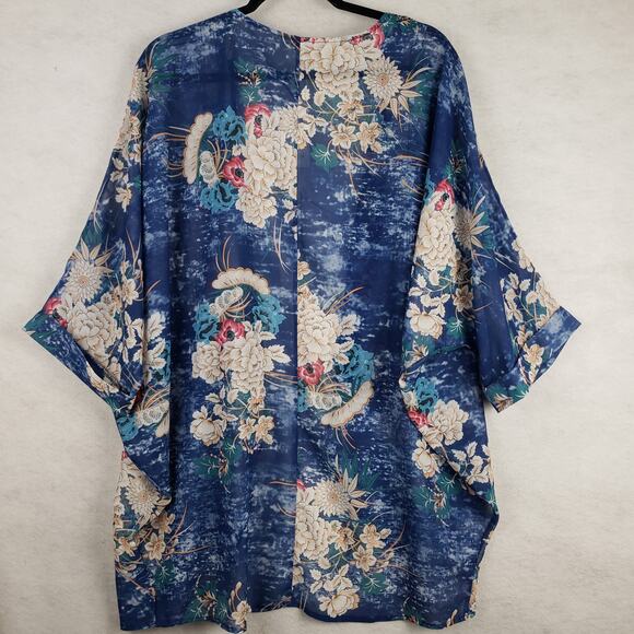 Olrain Size M Open Front Lightweight Duster Top Blue Oceanic Asian Print NWT - Picture 6 of 7